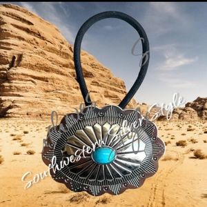 Southwest Silver Pumpkin Concho Flower Turquoise Blue Elastic Band Hair Tie (B)